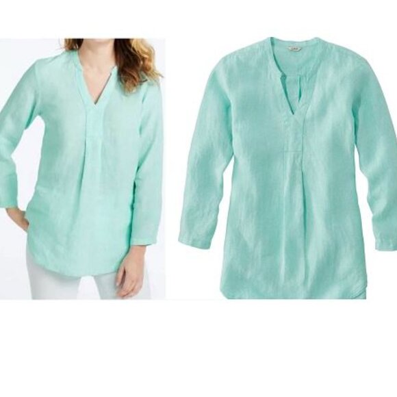 L.L. Bean Women's Teal Premium Washed Linen Splitneck Shirt, Large - Picture 1 of 7